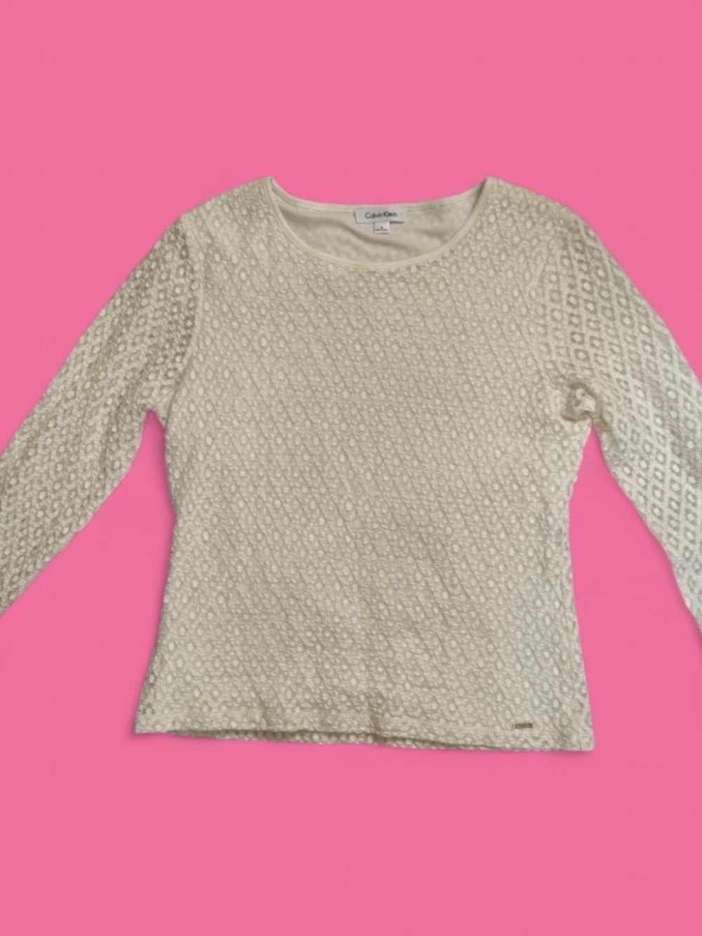 Calvin Klein Cream Lace Long Sleeve Scoop Neck Top